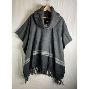 FRAAS The Scarf Company Gray Knit Poncho Fringe Trim Cowl Neck Cape Wrap